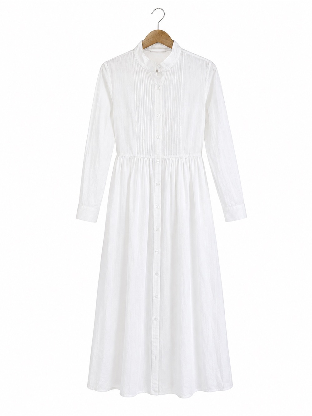 Elegant White Button-Front Long Sleeve Midi Dress